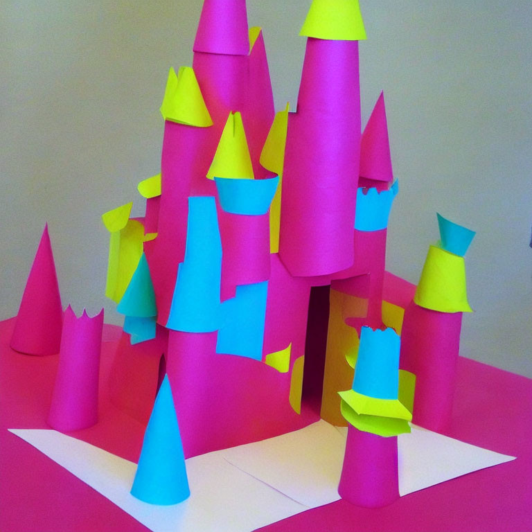 Vibrant paper sculpture with pink and neon yellow cone-shaped towers