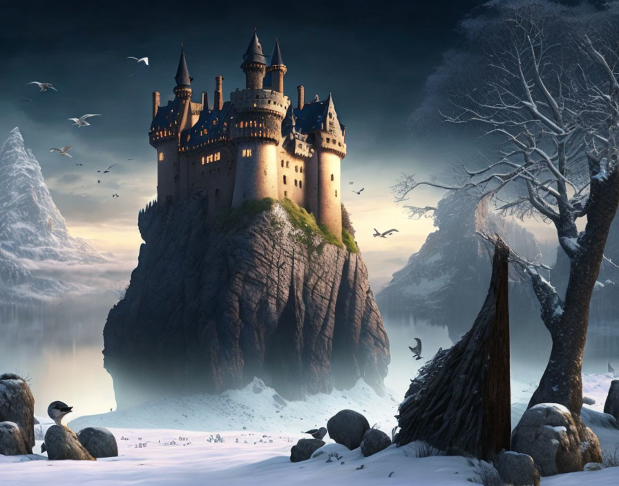 Majestic castle on steep rock surrounded by water, softly illuminated, with snowy landscape.