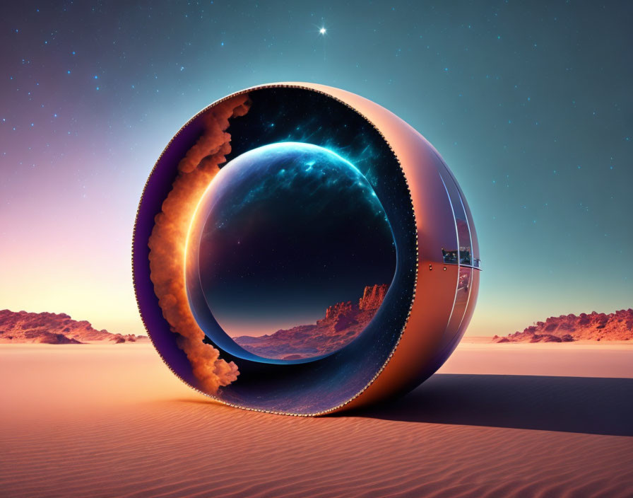 Surreal spherical portal in desert landscape with ocean and Earth juxtaposition