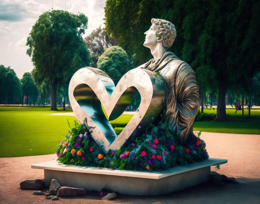 Classical-style Bust Sculpture Next to Heart Installation in Colorful Flower Park