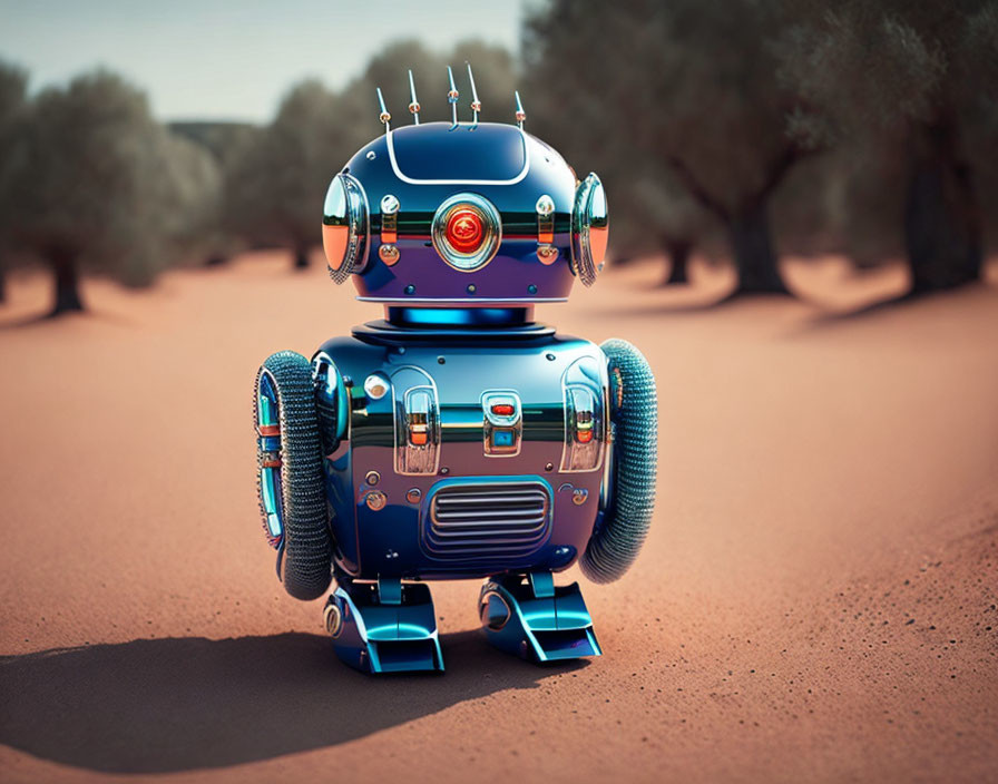 Blue retro-styled robot with circular eyes and antennas in nature scene