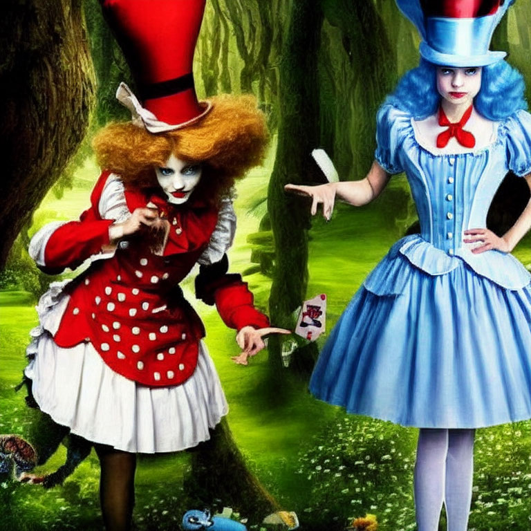 Elaborate "Alice in Wonderland" character costumes in whimsical forest setting