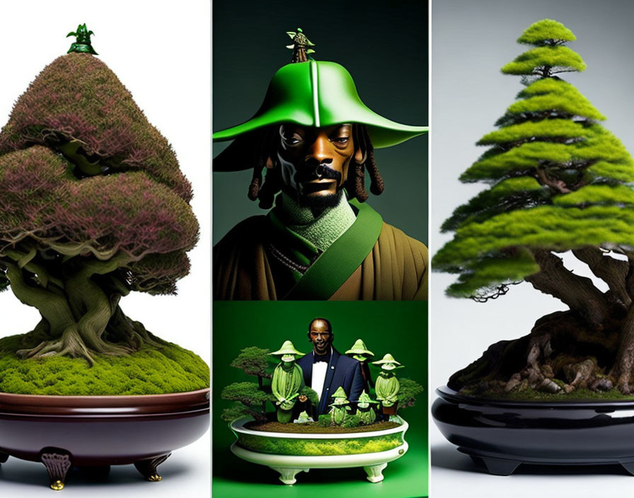 Bonsai trees with stylized figure in green attire