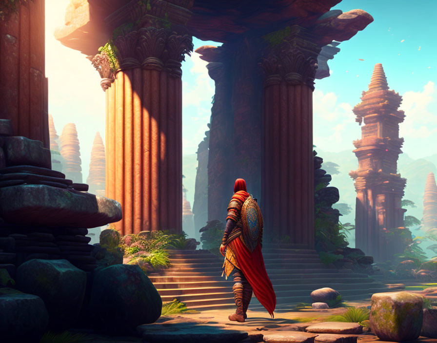 Warrior in Red Cape Observes Ancient Sunlit Temple