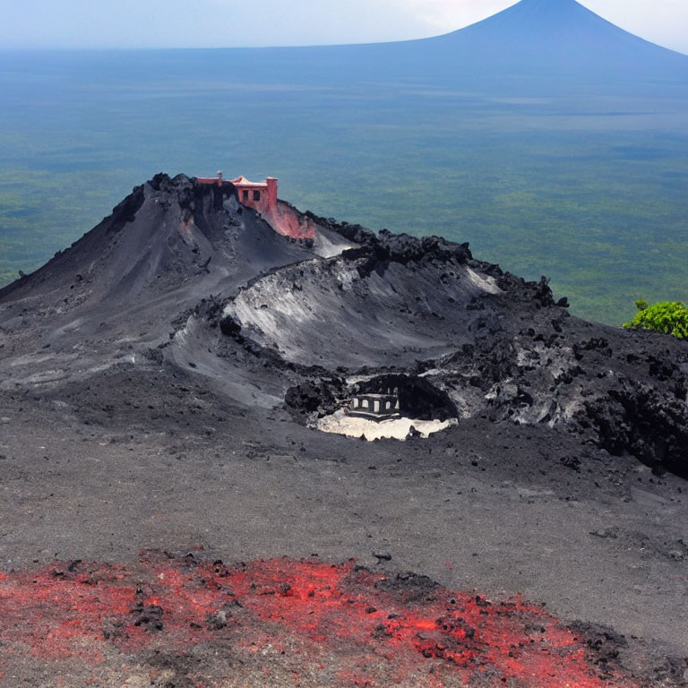 Barren volcanic landscape with red structure, vibrant patches, and conical peak