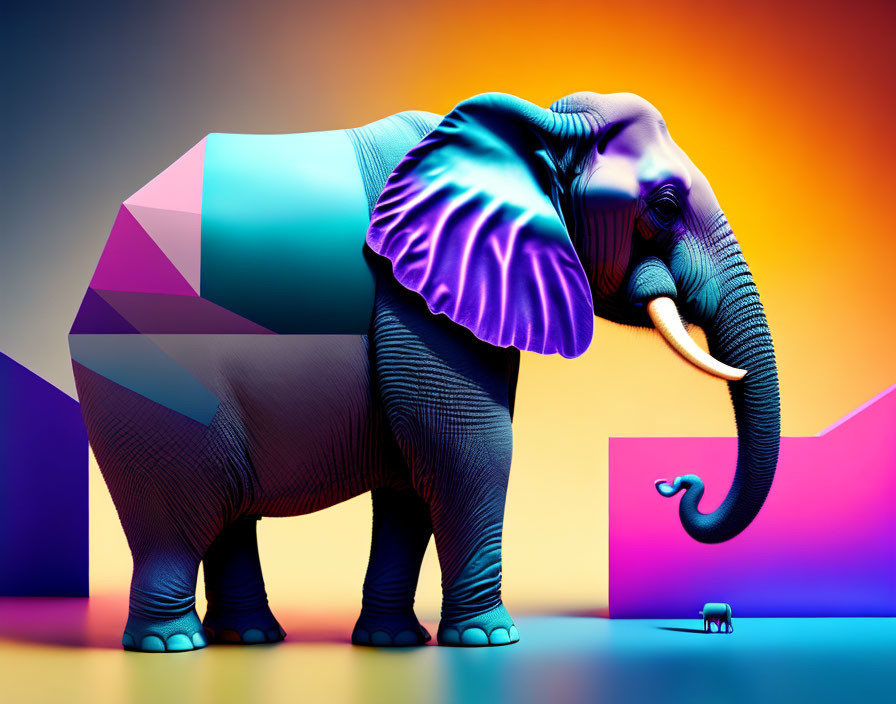 Colorful surreal elephant art with geometric background and miniature elephant