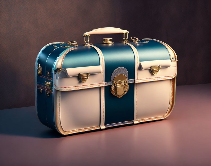 Blue and Cream Leather Suitcase with Gold Accents on Purple Background