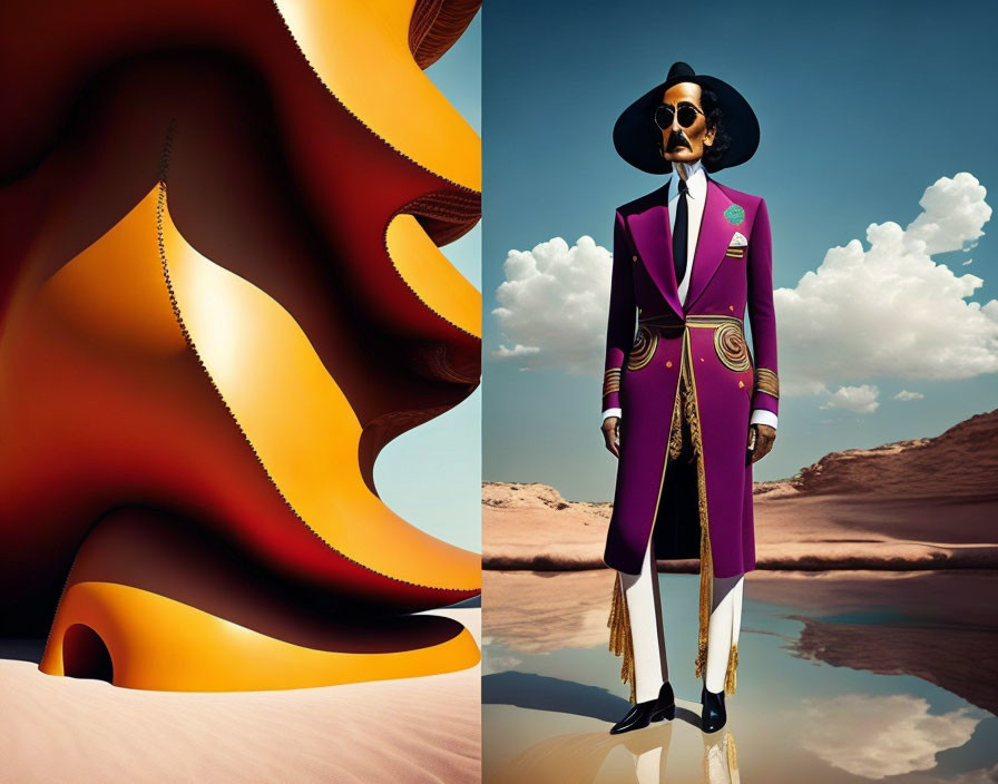 Digitally created split scene: abstract orange shapes and stylish figure in desert landscape