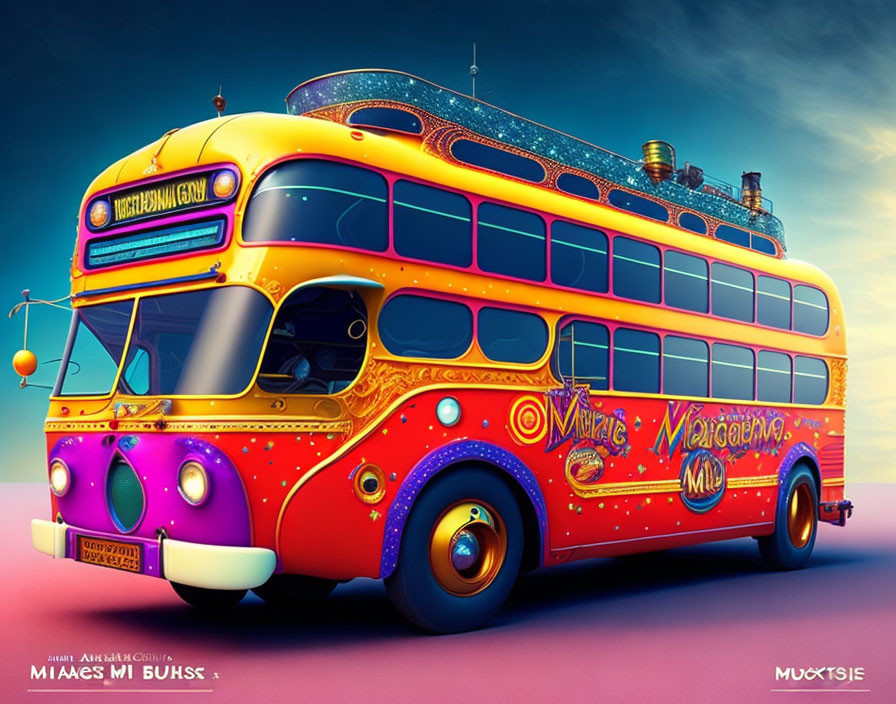 Colorful Retro-Styled Bus with Intricate Patterns and Whimsical Details