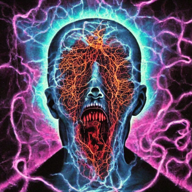 Abstract artwork featuring fiery lines on human head with blue and purple aura