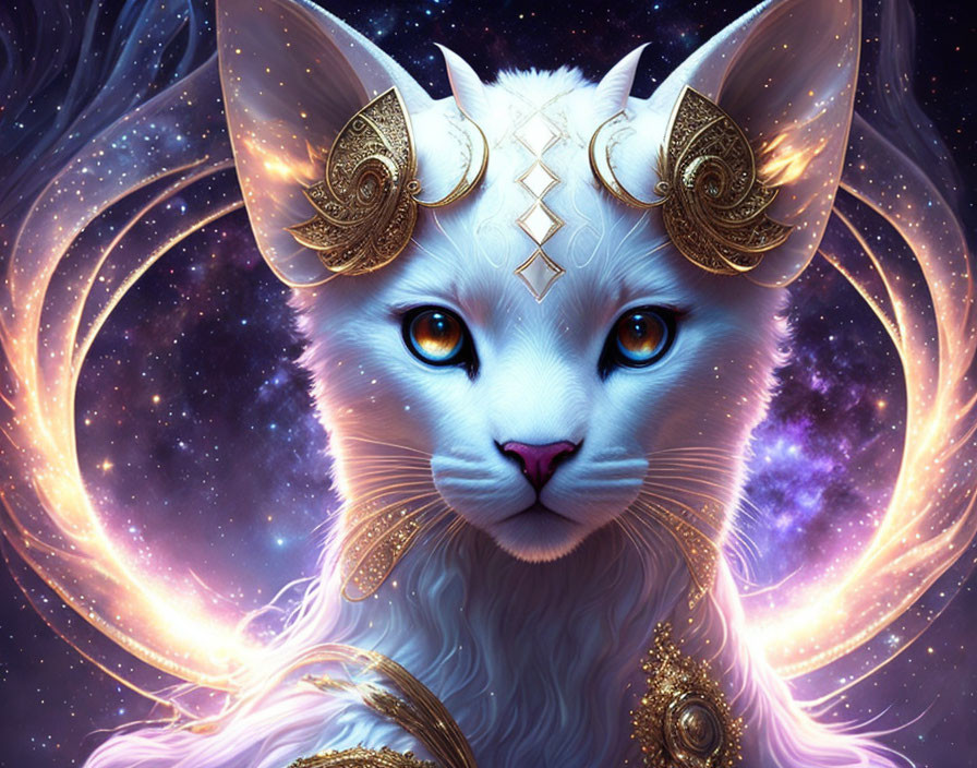 Majestic fantasy cat with blue eyes and golden headpieces in cosmic setting