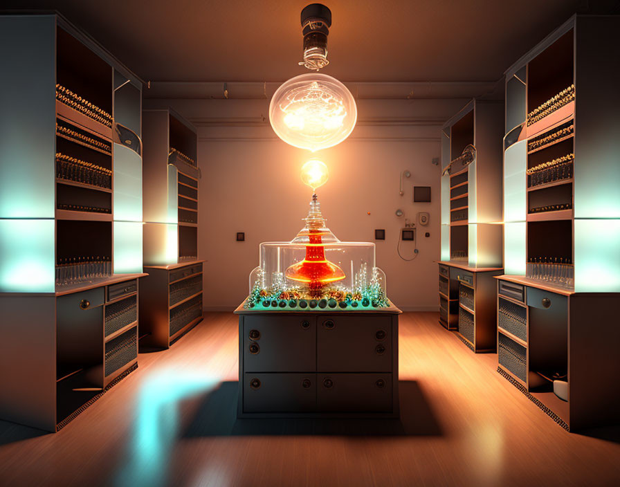 Retro-futuristic laboratory with glowing shelves and illuminated bulb experiment