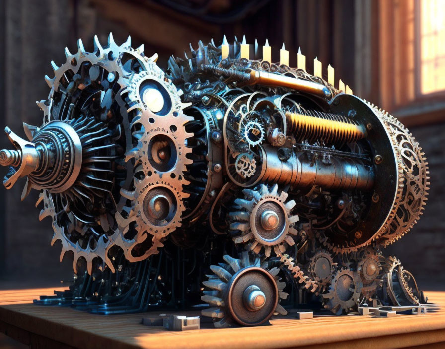 Intricate interlocking gears and cogs on wooden surface