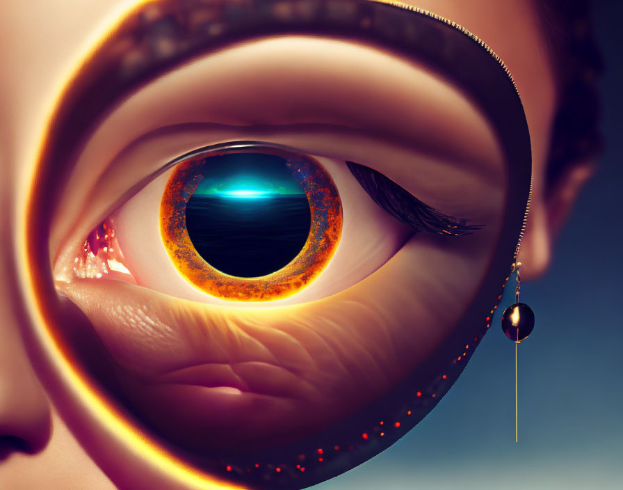 Detailed image of stylized human eye with fiery orange iris and surreal pendant.