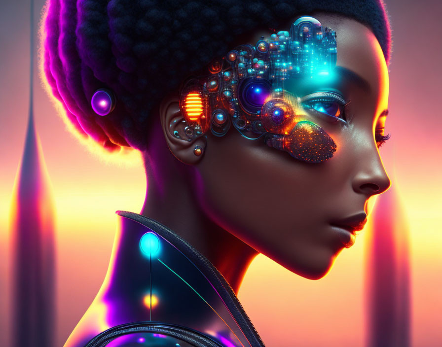 Futuristic African woman with cybernetic enhancements and neon lights on pink and purple background