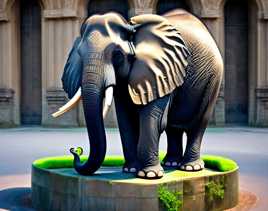 Stylized elephant with intricate patterns and peacock in front of classical building