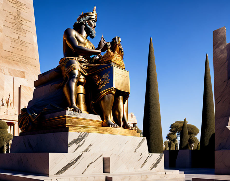 Golden statue of bearded king on throne with cone-shaped topiary trees under blue sky
