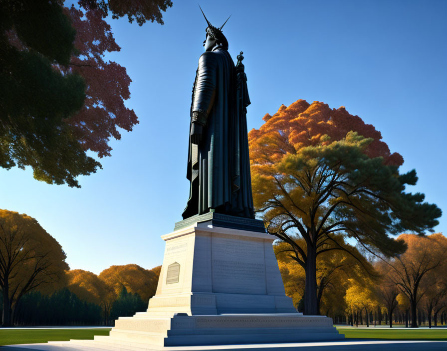 Historical figure statue with sword and cape amid autumn trees