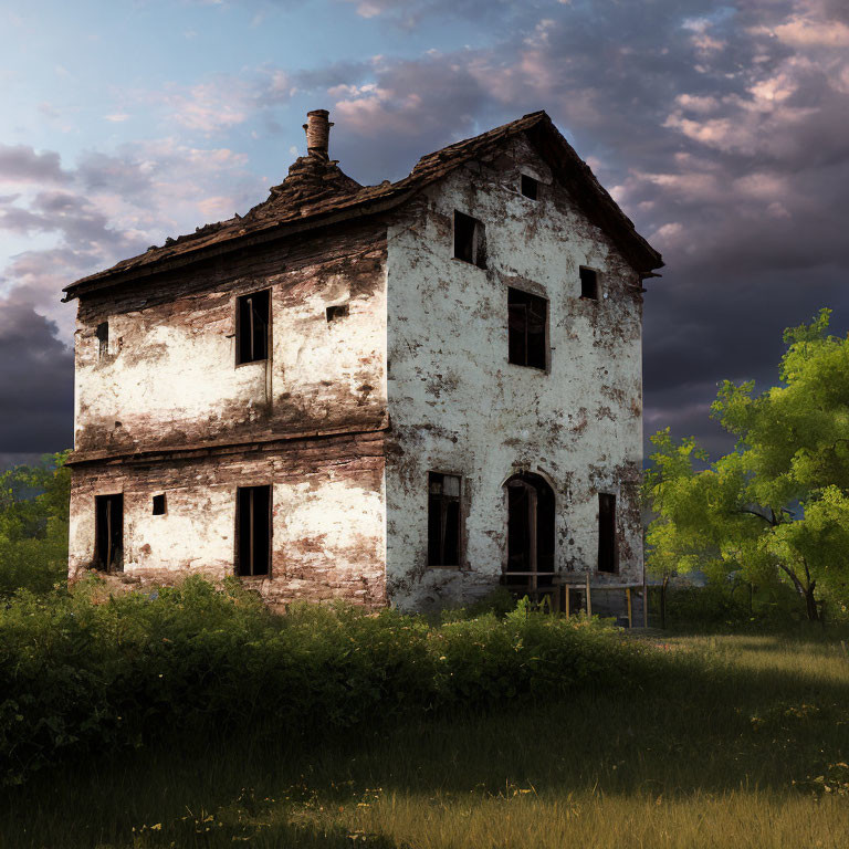 Abandoned two-story house with peeling white paint in dramatic dusk setting