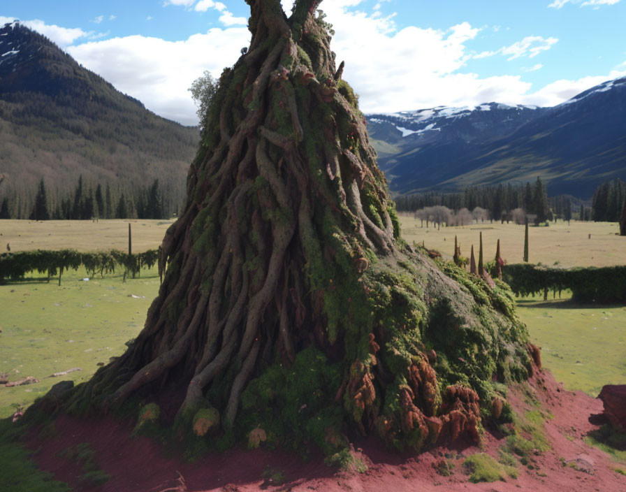 Green moss-covered mound in lush valley with distant mountains under blue sky