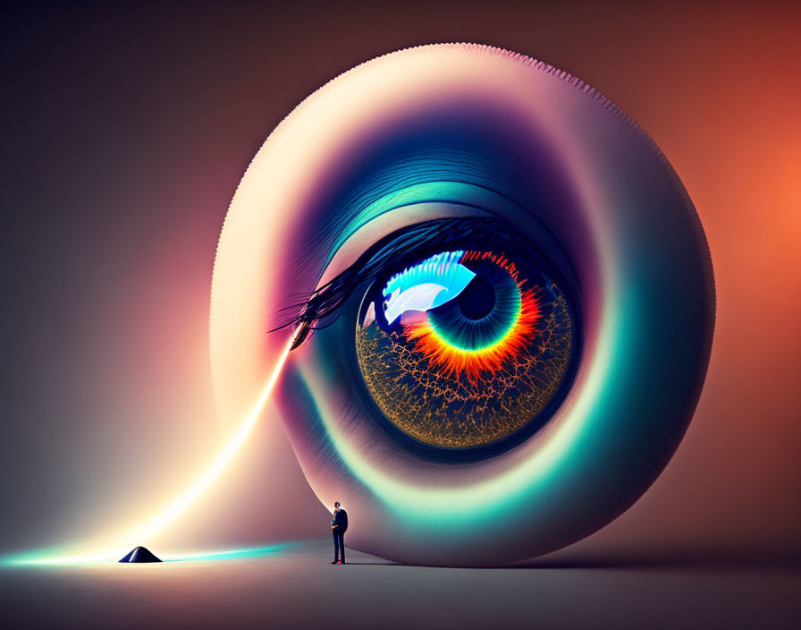 Vibrant surreal artwork with tiny human figure and giant eye