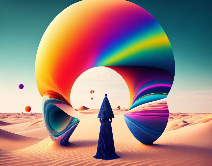 Colorful swirling vortex towers over surreal landscape with cloaked figure and pastel sky