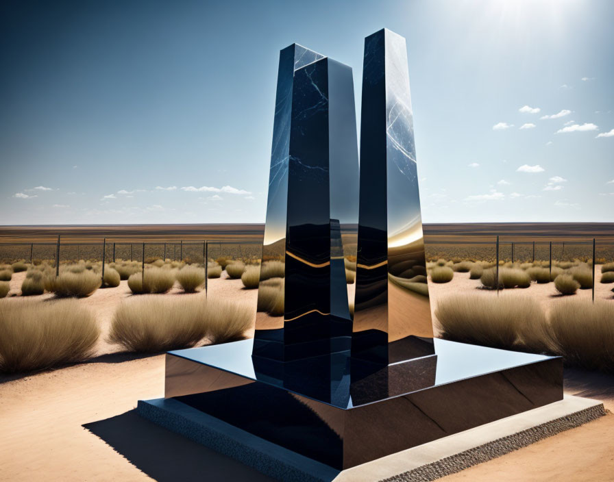 Monolithic desert sculpture with dune-like shrubs under clear sky