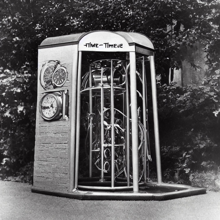 Vintage black-and-white photo of a whimsical cylindrical time machine with clocks against leafy backdrop