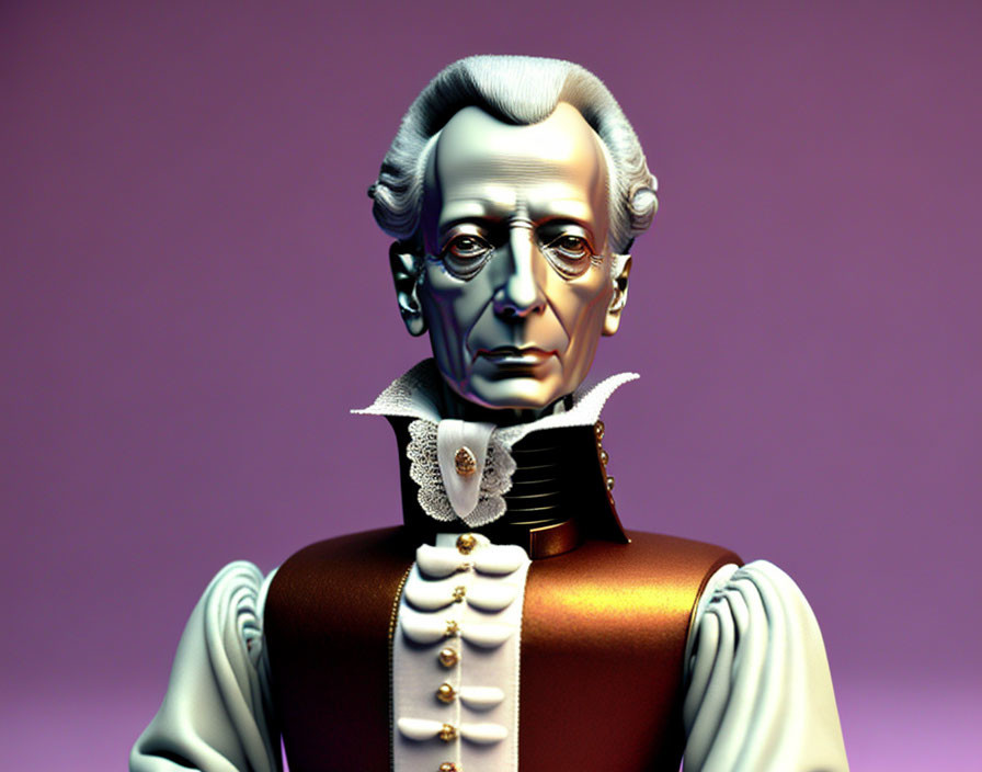 Historical male figure in white hair, ruffled collar, purple coat.