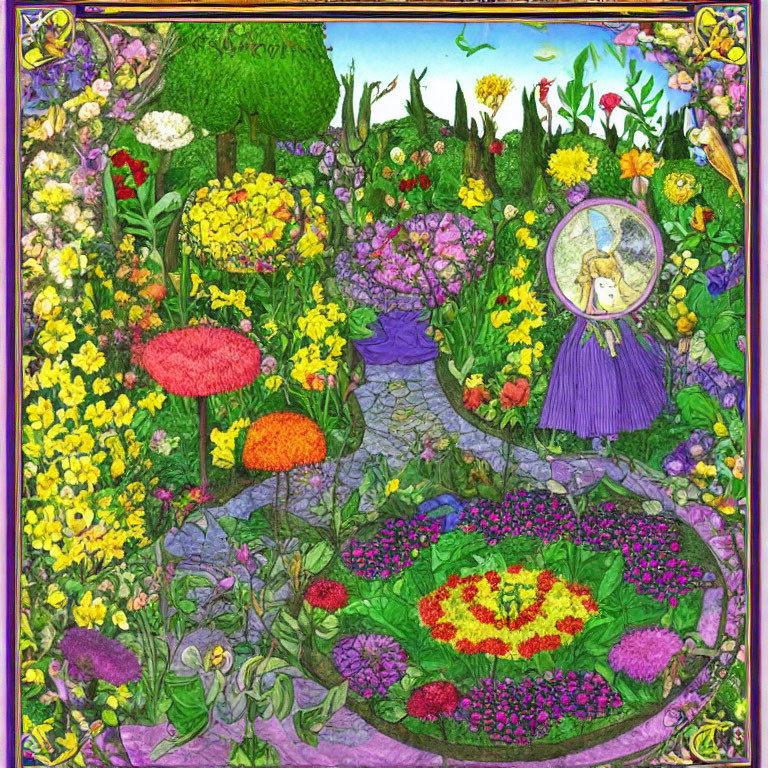 Colorful garden illustration with flowers, cobblestone path, and fairy figure