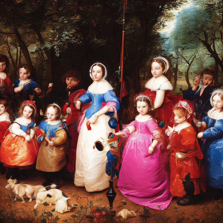 Traditional Oil Painting: Children and Puppies in Forest Activities