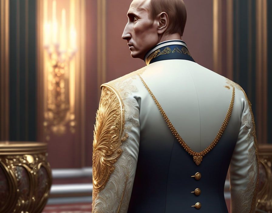 Regal figure in gold-adorned uniform gazes from opulent room