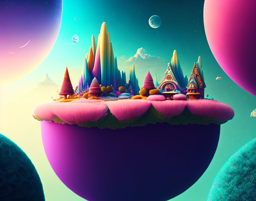 Colorful Floating Island with Whimsical Structures and Planets in Dreamlike Sky