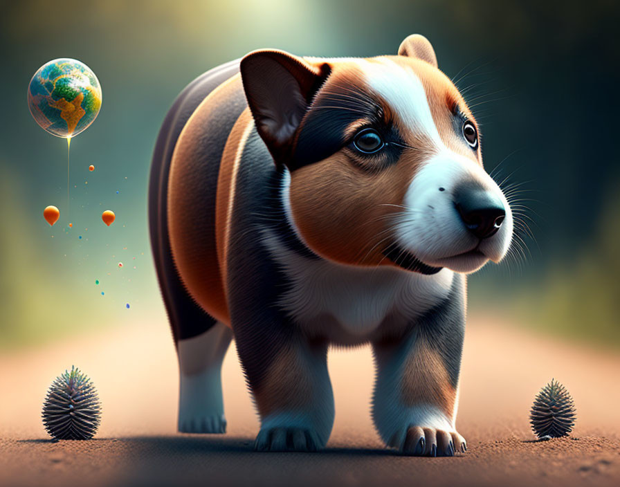 Stylized illustration of a corgi with exaggerated features and floating hedgehogs on a path