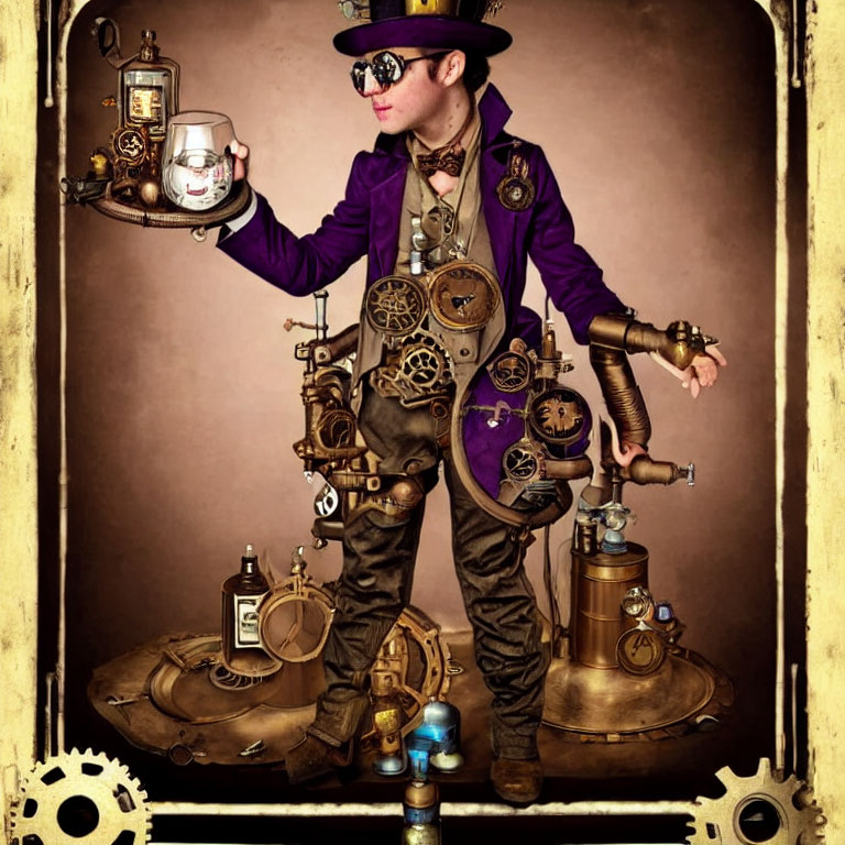Steampunk-themed person with goggles and gears in sepia-toned setting