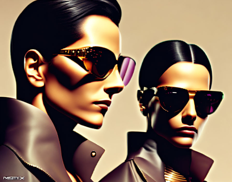 Stylized figures with sleek hair and sunglasses in futuristic setting