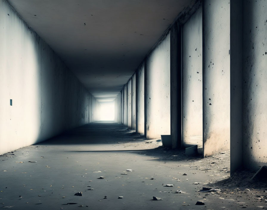 Long dimly lit corridor with concrete pillars and debris, leading to bright opening