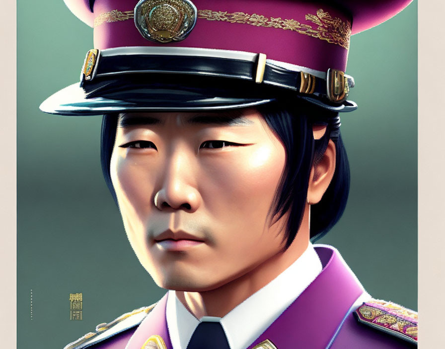 Detailed digital illustration of a person in purple uniform with peaked cap and epaulettes.