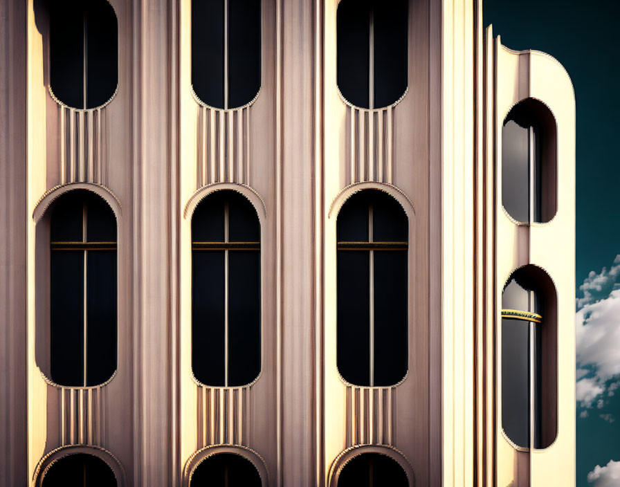 Close-up view of modern building facade with rhythmic golden panels and dark windows against moody sky