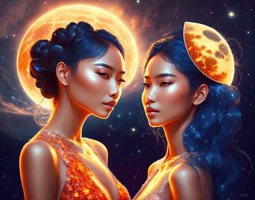 Stylized women with lunar tiara in cosmic scene