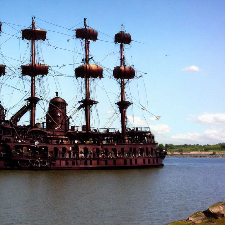 Ornate wooden ship with multiple masts and sails on calm water