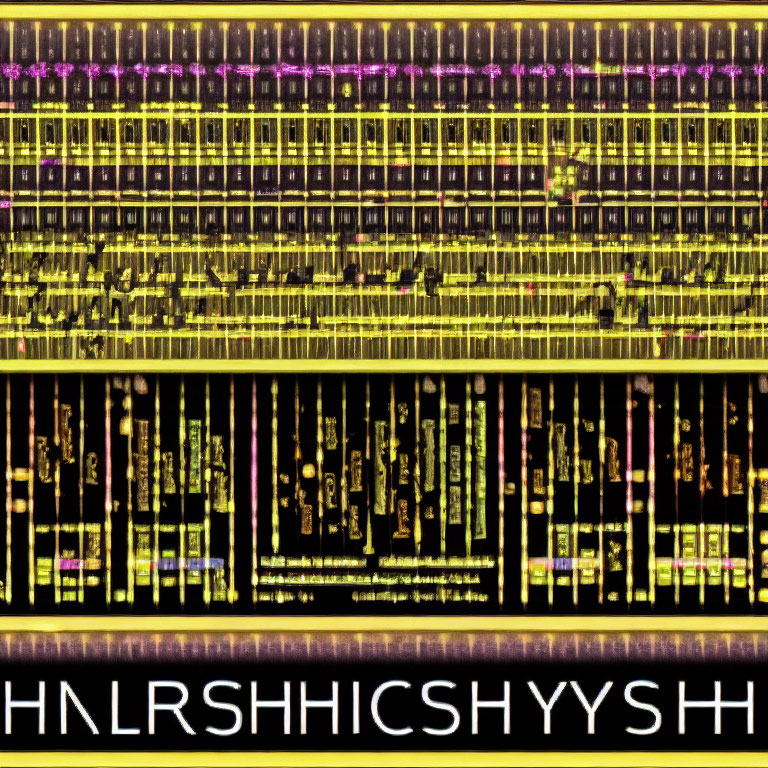 Digital glitch art with distorted alphanumeric sequence on yellow and purple background