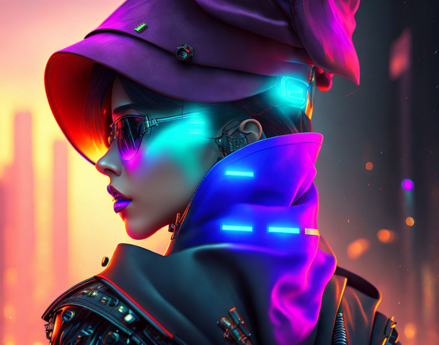 Futuristic cyberpunk digital art with neon lights & tech wearables