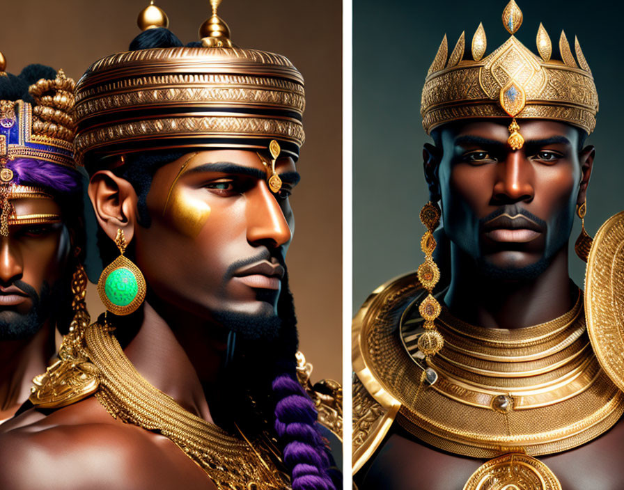 Luxurious royal attire of majestic male figures in gold and crowns