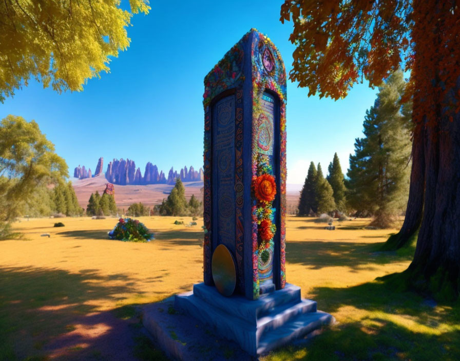 Colorful mosaic-adorned monolith in sunlit park with autumn trees and red rock spires