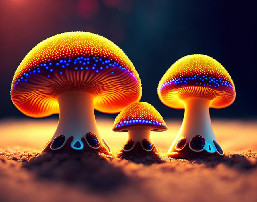 Vibrant luminescent mushrooms in dark bokeh background