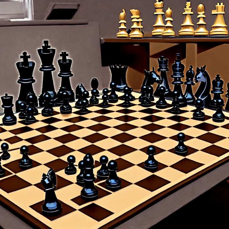 Chessboard with black and white pieces under artificial light, highlighting black queen