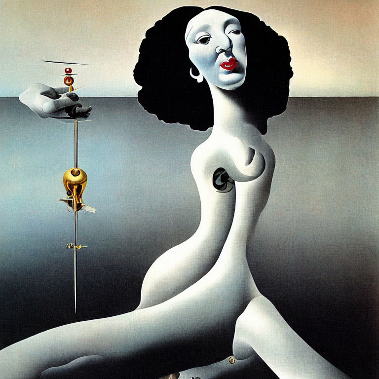 Surrealist painting featuring stylized, abstract female figure