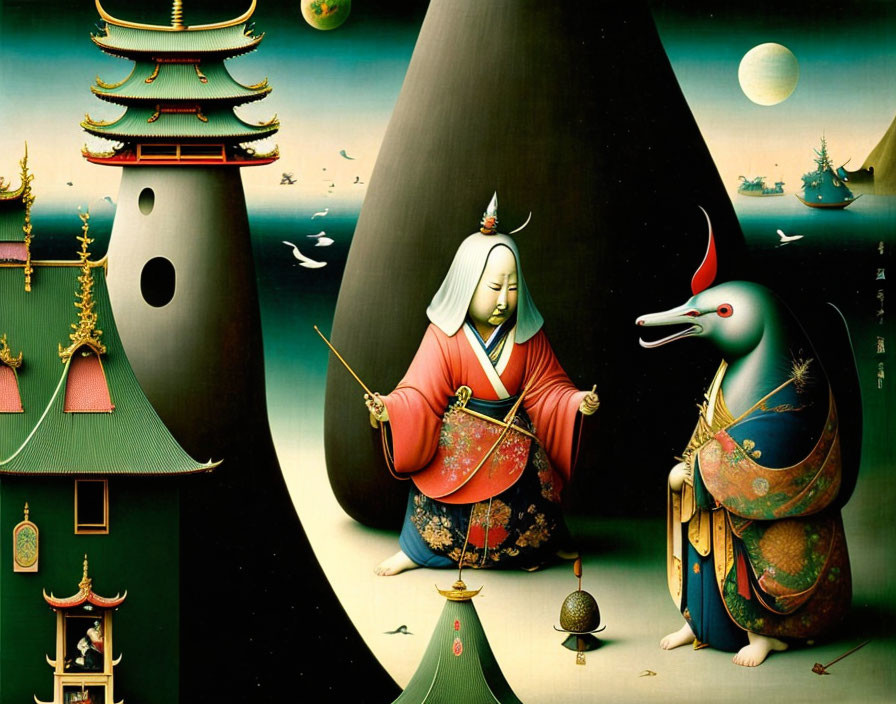 Surreal painting: Samurai and duck in ornate armor in fantasy landscape