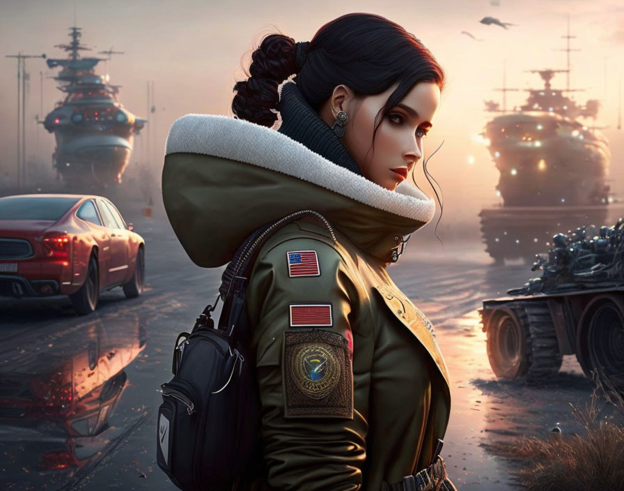 Dark-haired woman in green military jacket with American flag patches poses near futuristic armored vehicles